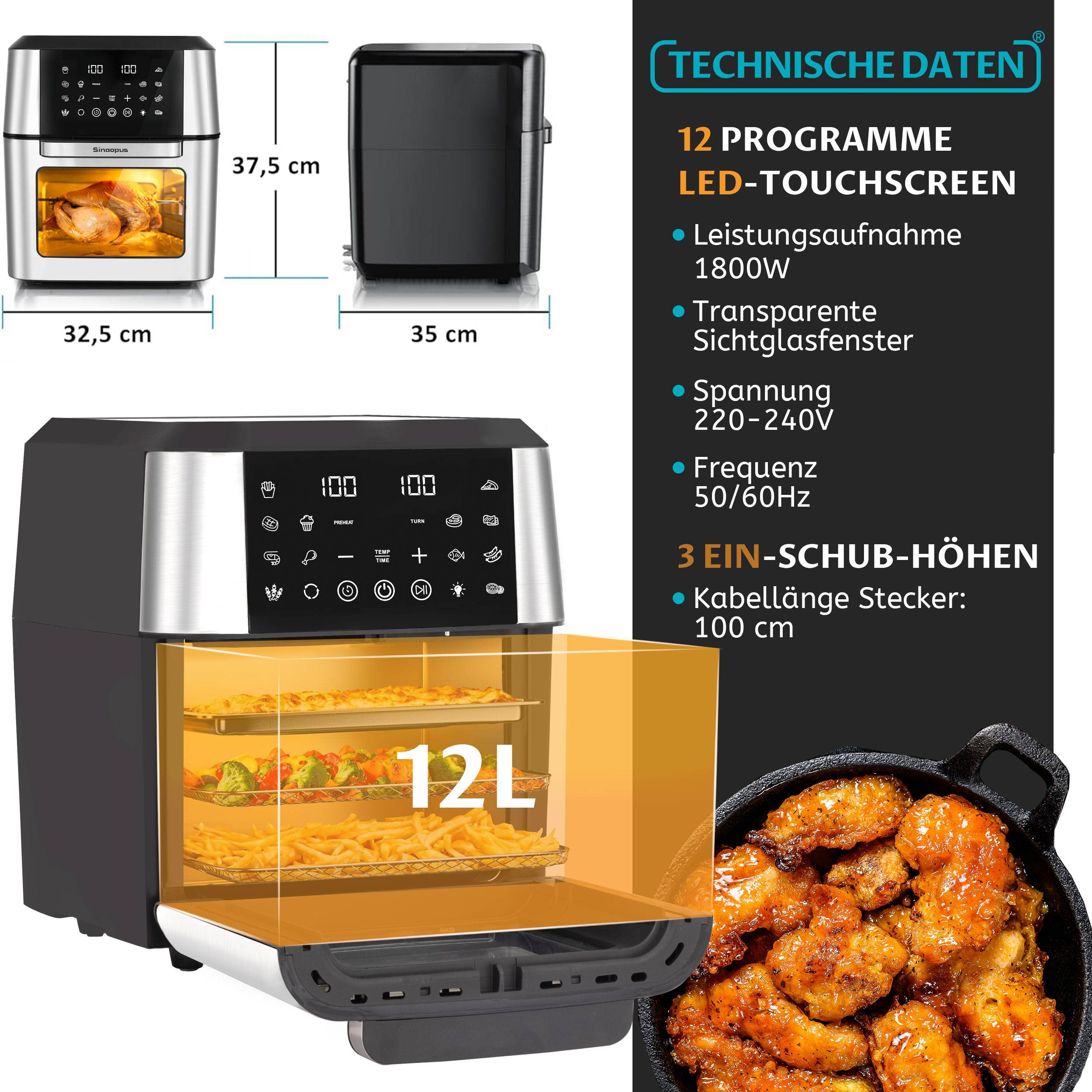 Minibackofen K-1280, Airfryer 12L, XXL Heißluftfritteuse für ganze Familien, Mini Backofen 2000,00 W, 12 Kochprogramme, Gesunde Friteuse ohne Öl