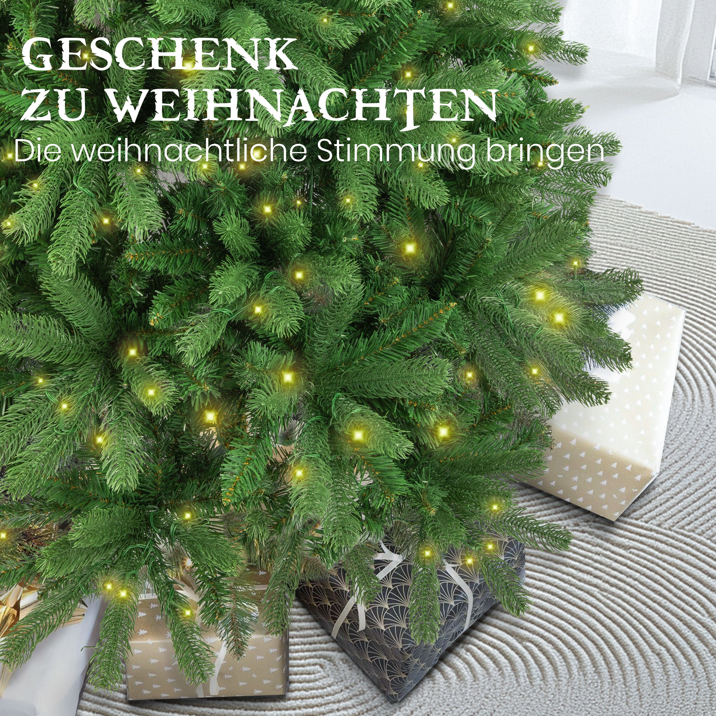 Künstlicher Weinachtsbaum LED Tannenbaum, PVC+PE mit 1180 Spitzen und 360 Warm-Weißen LED, 180cm und robuster Holzständer