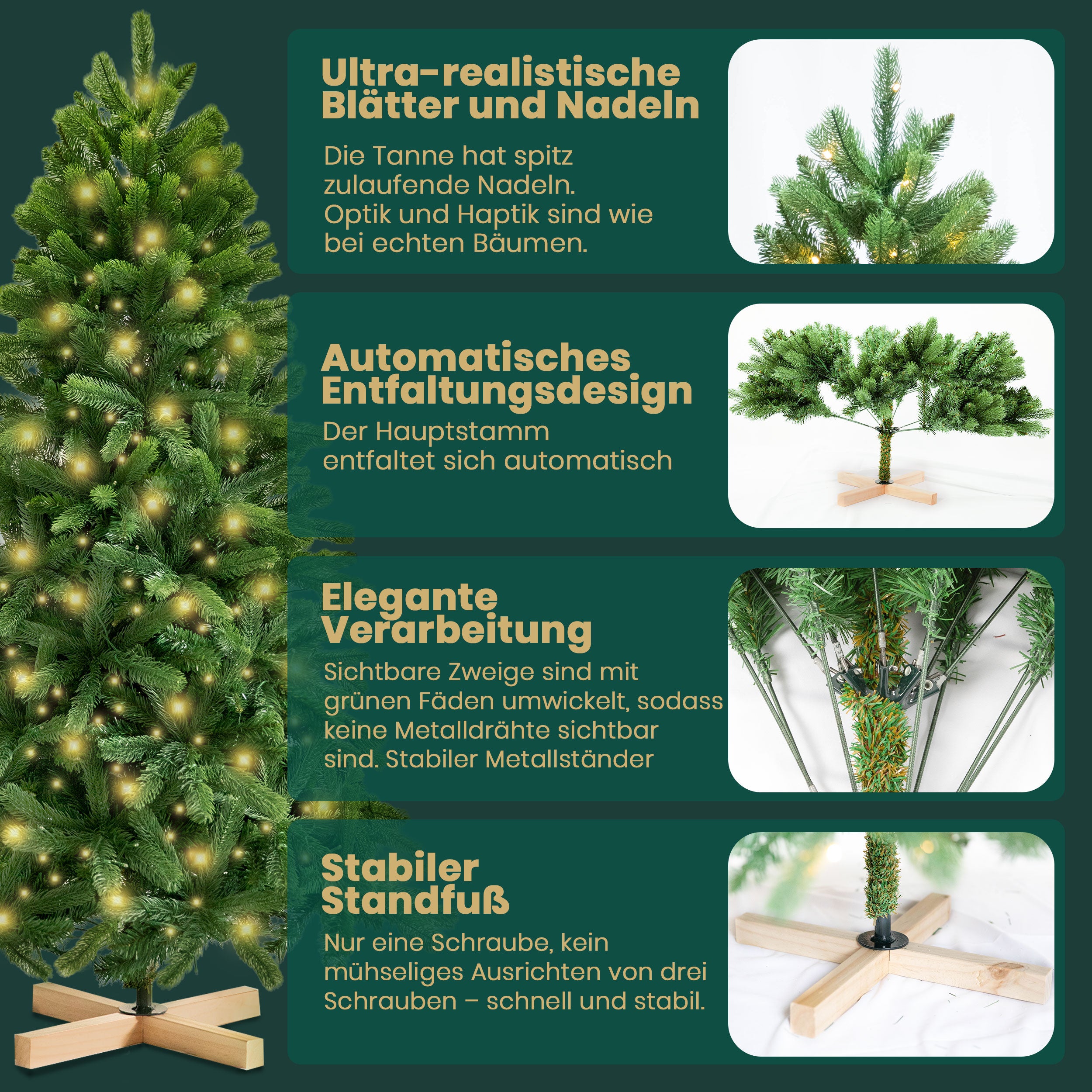 Künstlicher Weinachtsbaum LED Tannenbaum, PVC+PE mit 1180 Spitzen und 360 Warm-Weißen LED, 180cm und robuster Holzständer