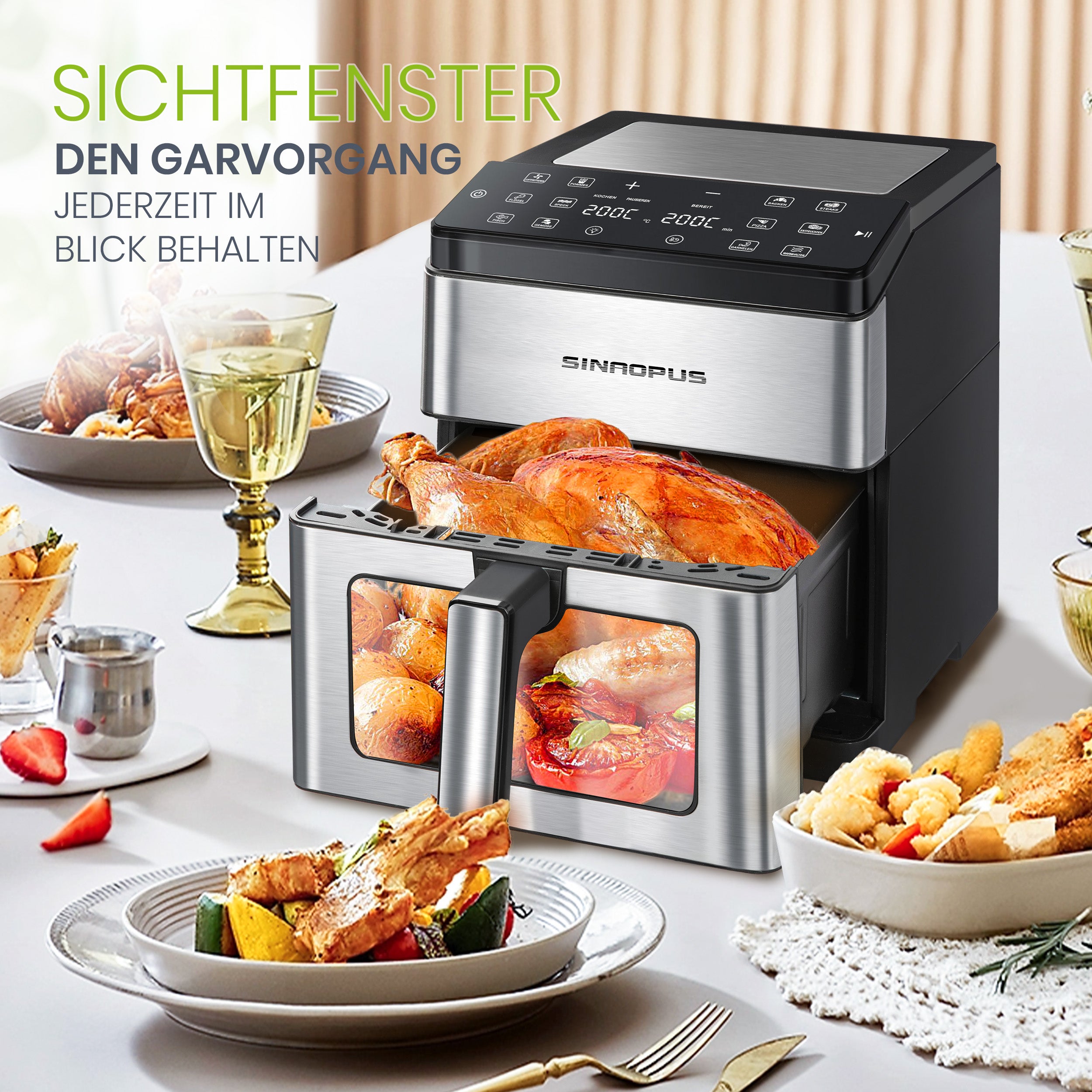 Heißluftfritteuse Kompakter Airfryer RA880 XXL, 12-in-1 Kochfunktionen Fritteuse 8 Liter mit Sichtfenster und Top-LED-Bildschirm, weniger Öl, einstellbare Zeit und Temperatur