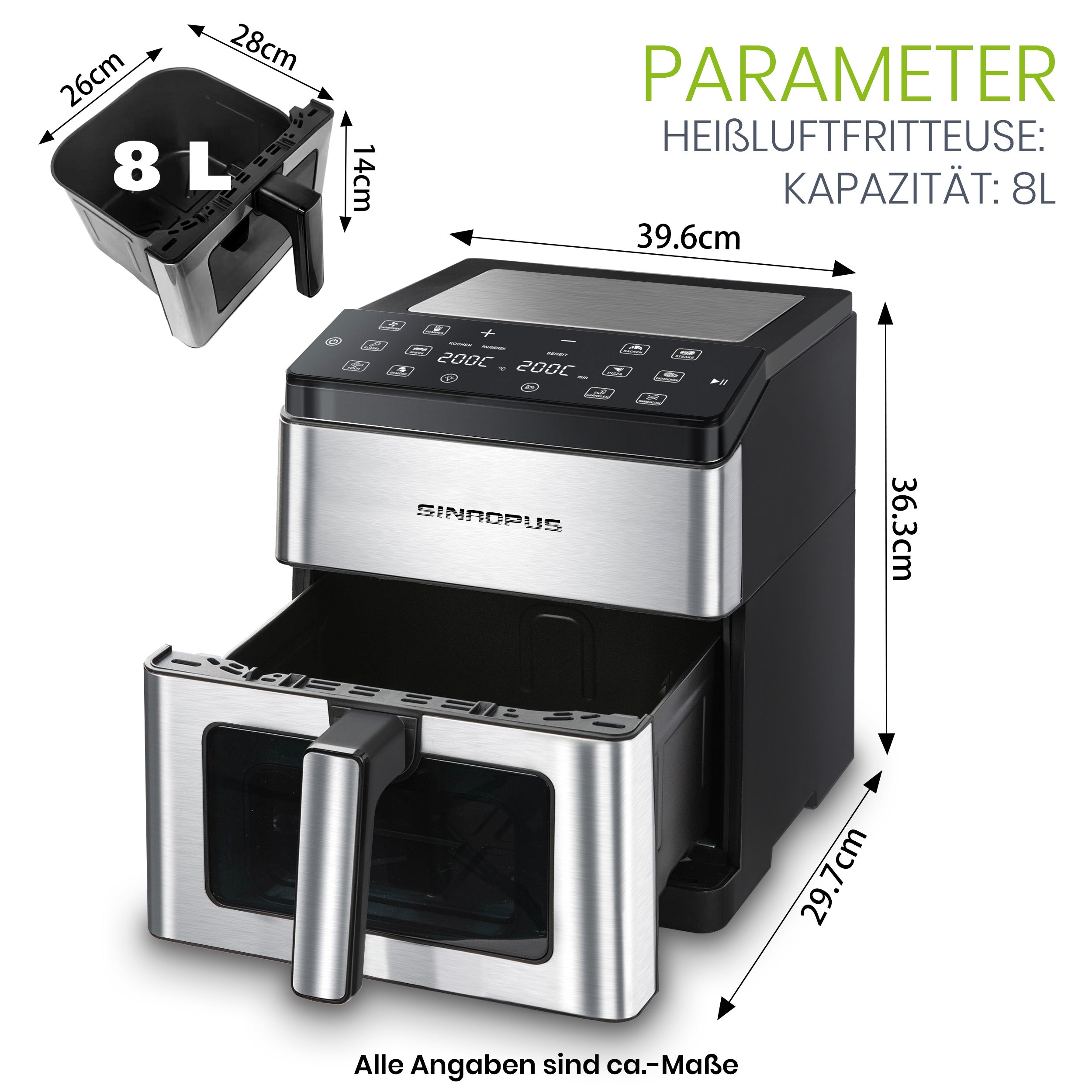 Heißluftfritteuse Kompakter Airfryer RA880 XXL, 12-in-1 Kochfunktionen Fritteuse 8 Liter mit Sichtfenster und Top-LED-Bildschirm, weniger Öl, einstellbare Zeit und Temperatur