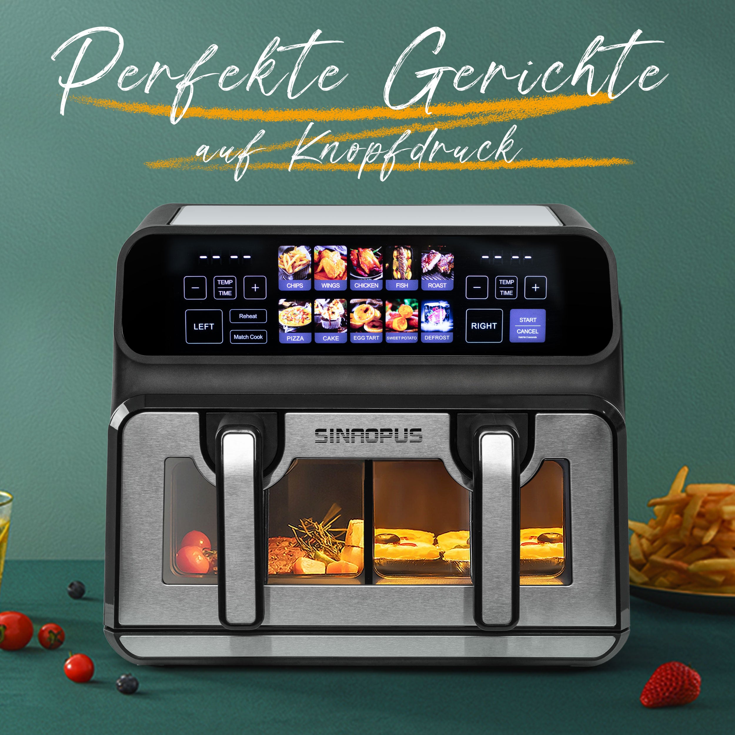 Heißluftfritteuse 802TS Airfryer 9L mit 10 Kochprogramme, Farb-LED-Display 2200W Einzel- und Doppelkörbe frei einstellbar, Dual Kammer, Sichtfenster