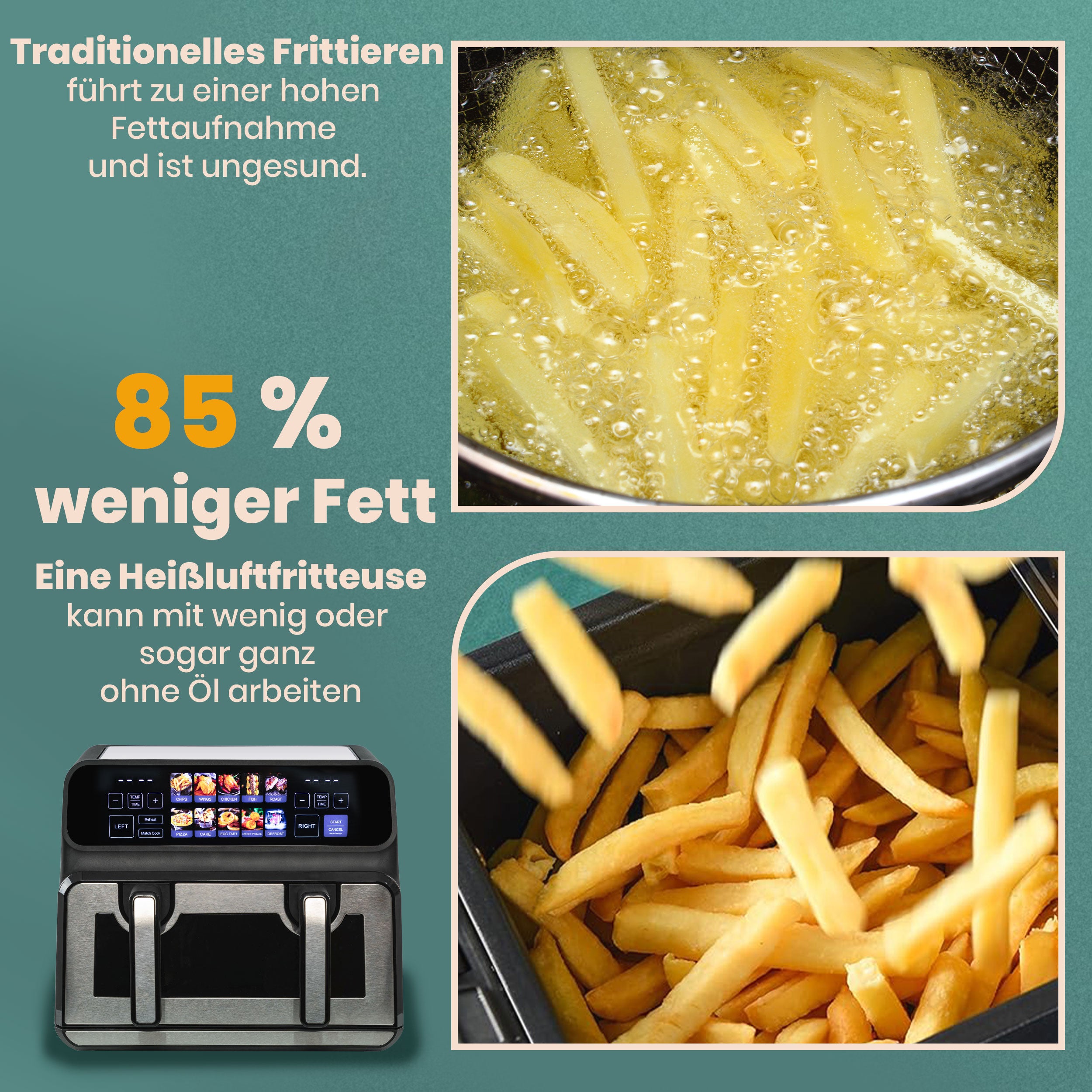 Heißluftfritteuse 802TS Airfryer 9L mit 10 Kochprogramme, Farb-LED-Display 2200W Einzel- und Doppelkörbe frei einstellbar, Dual Kammer, Sichtfenster