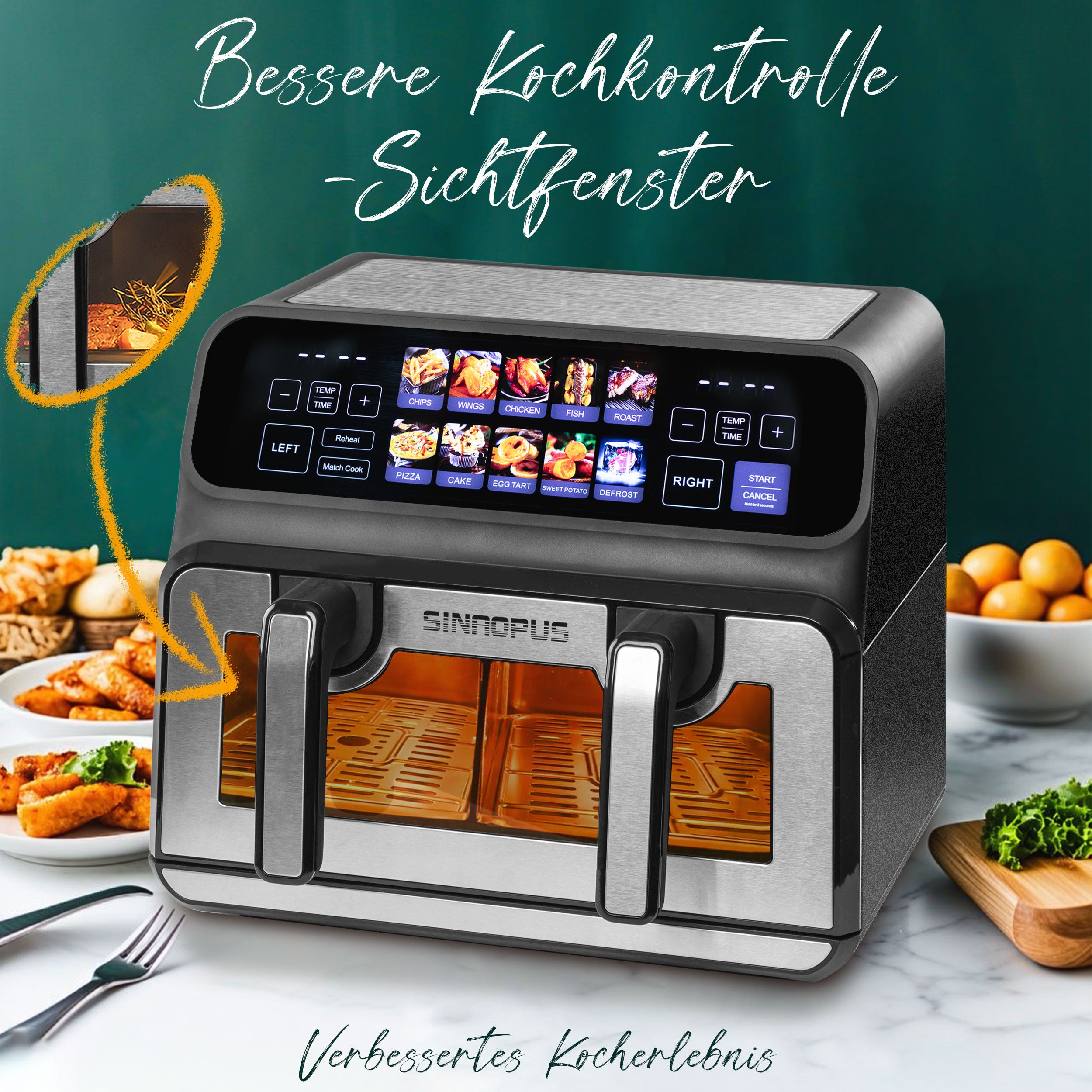 Heißluftfritteuse 802TS Airfryer 9L mit 10 Kochprogramme, Farb-LED-Display 2200W Einzel- und Doppelkörbe frei einstellbar, Dual Kammer, Sichtfenster
