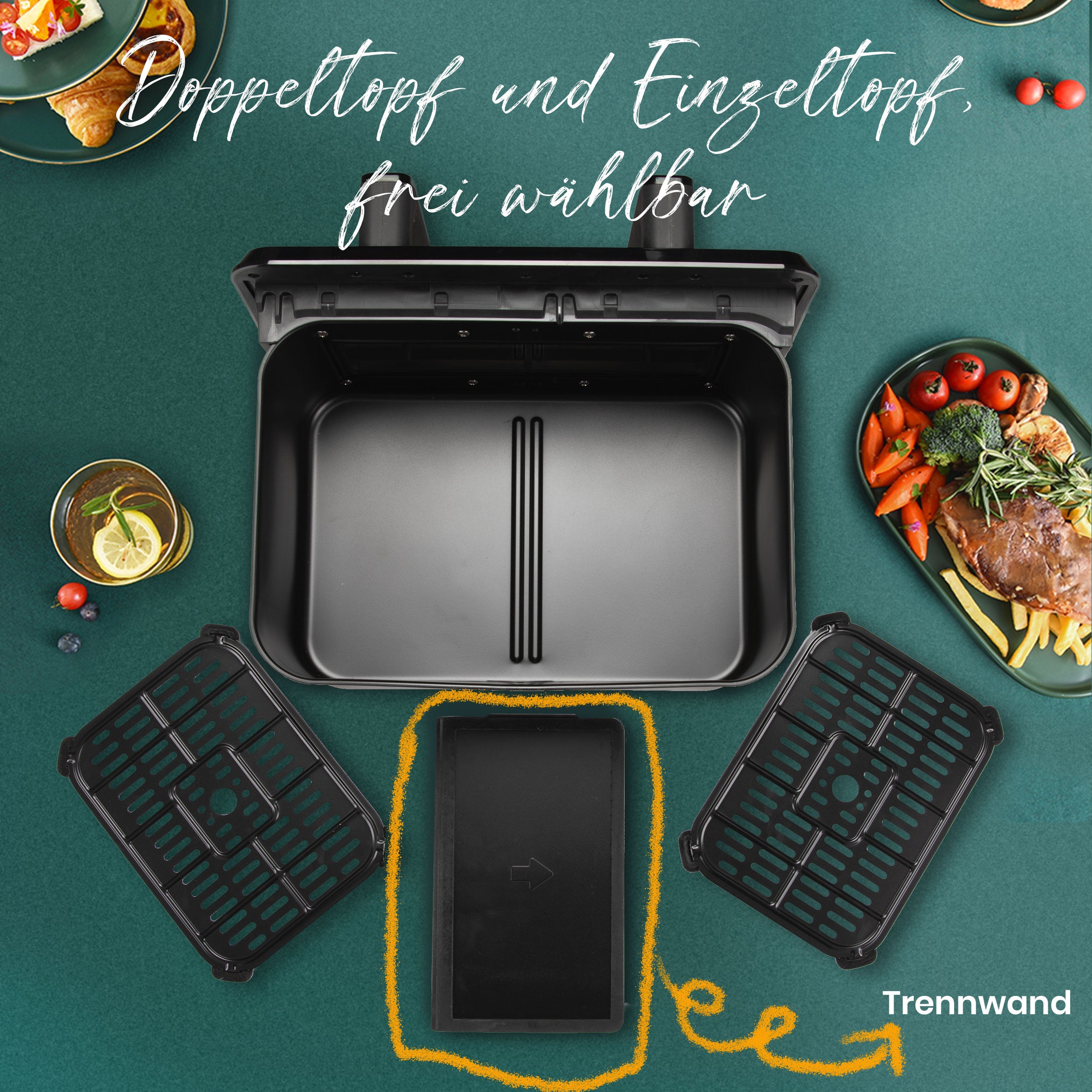 Heißluftfritteuse 802TS Airfryer 9L mit 10 Kochprogramme, Farb-LED-Display 2200W Einzel- und Doppelkörbe frei einstellbar, Dual Kammer, Sichtfenster