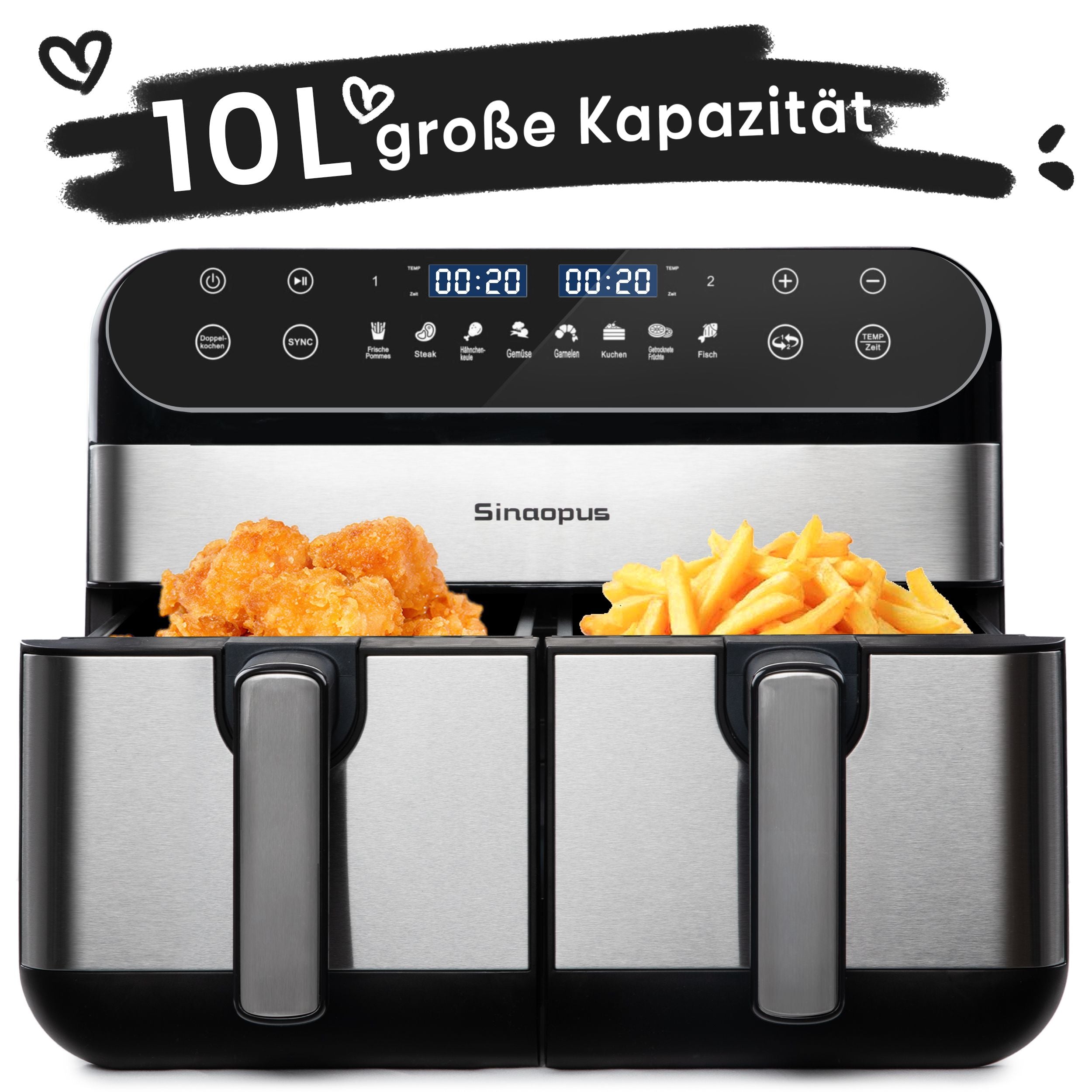 Airfryer 2400W Doppelkorb Heißluftfritteuse, 10L großer Fassungsvermögen, leistungsstark und effizient, ideal für ganze Familie