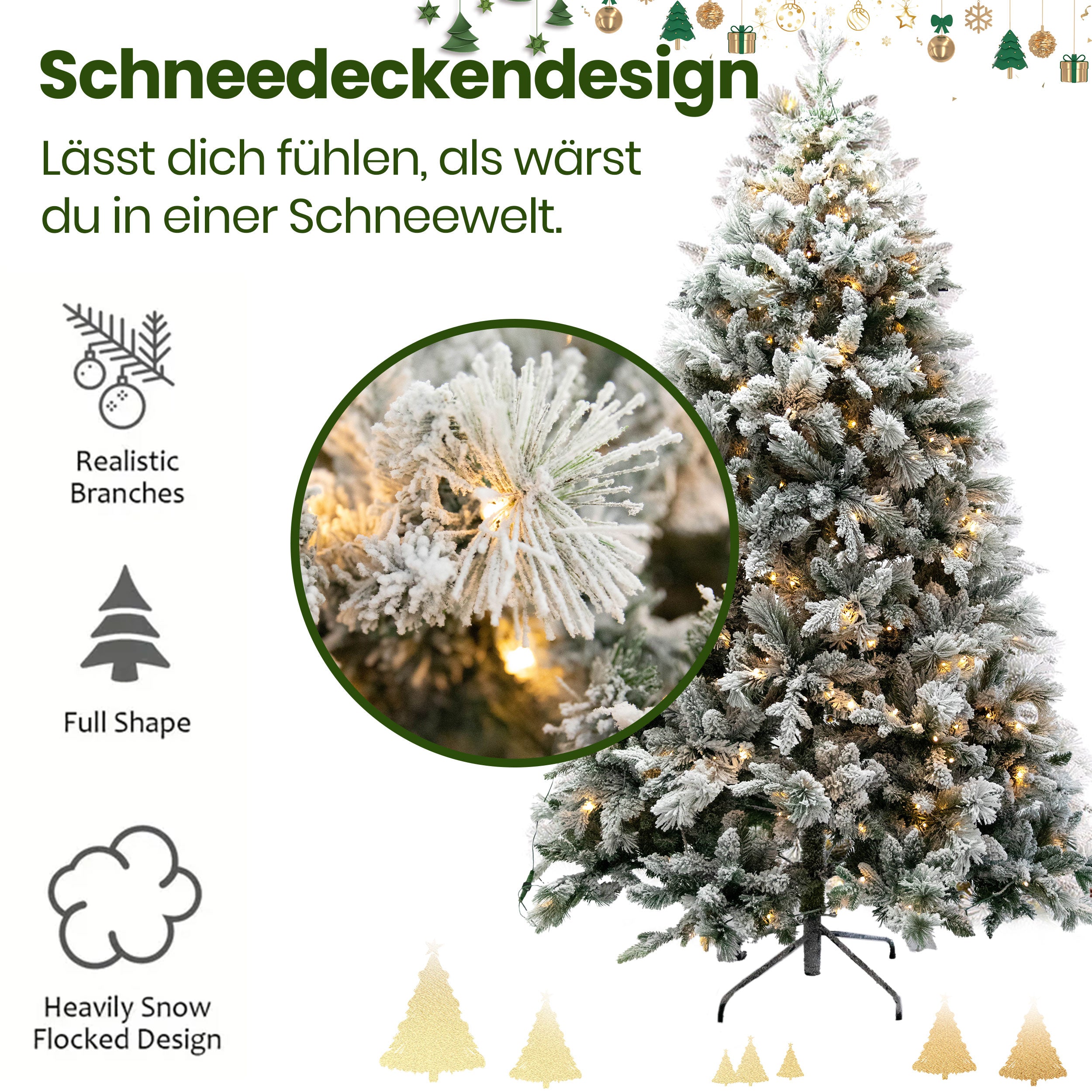 Künstlicher Weihnachtsbaum Tannenbaum mit beleuchtung, LED Christbaum, Schnee PE+PVC mit 1100 Spitzen und 360 Warm-Weißen LED, 180 cm mit Metallständer