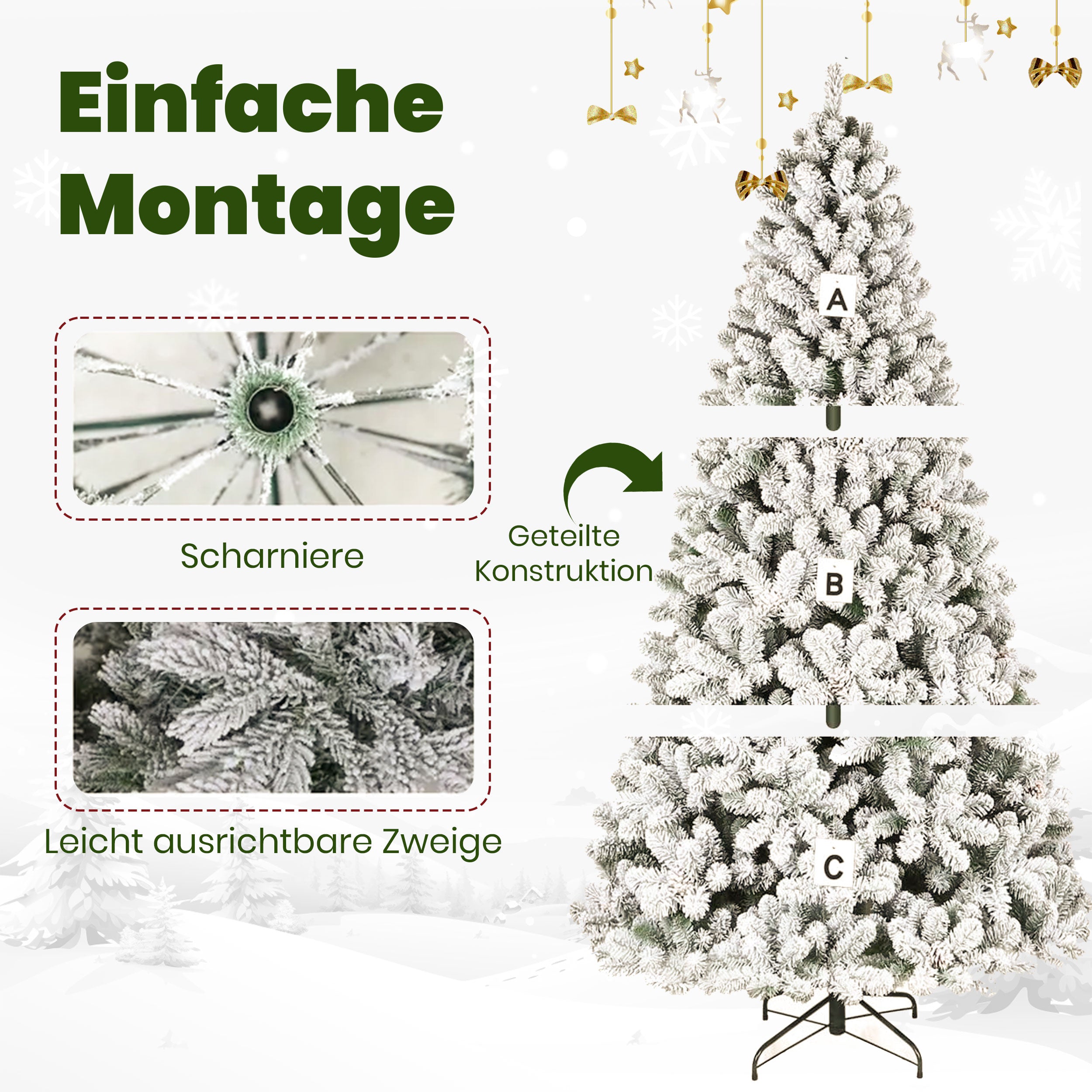 Künstlicher Weihnachtsbaum Tannenbaum mit beleuchtung, LED Christbaum, Schnee PE+PVC mit 1100 Spitzen und 360 Warm-Weißen LED, 180 cm mit Metallständer