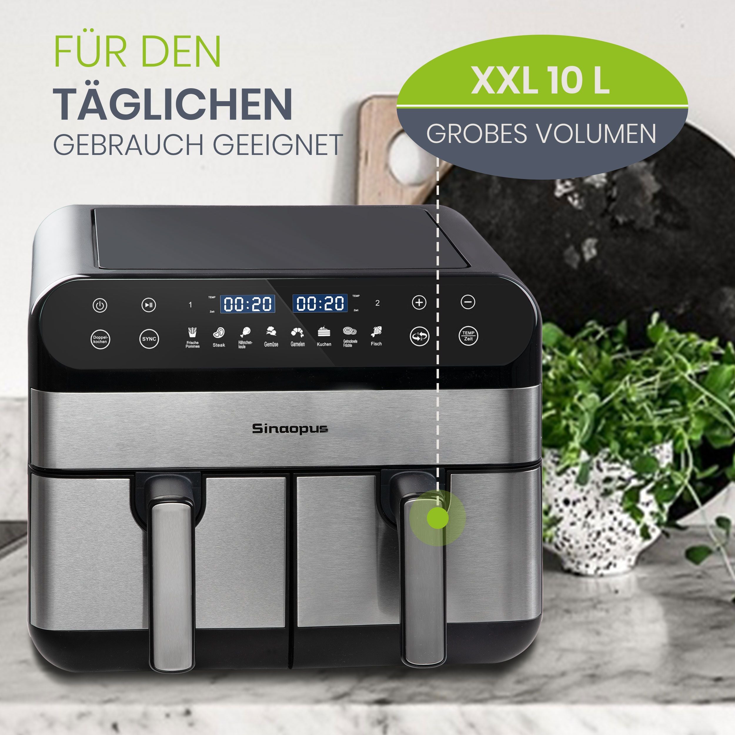 Airfryer 2400W Doppelkorb Heißluftfritteuse, 10L großer Fassungsvermögen, leistungsstark und effizient, ideal für ganze Familie