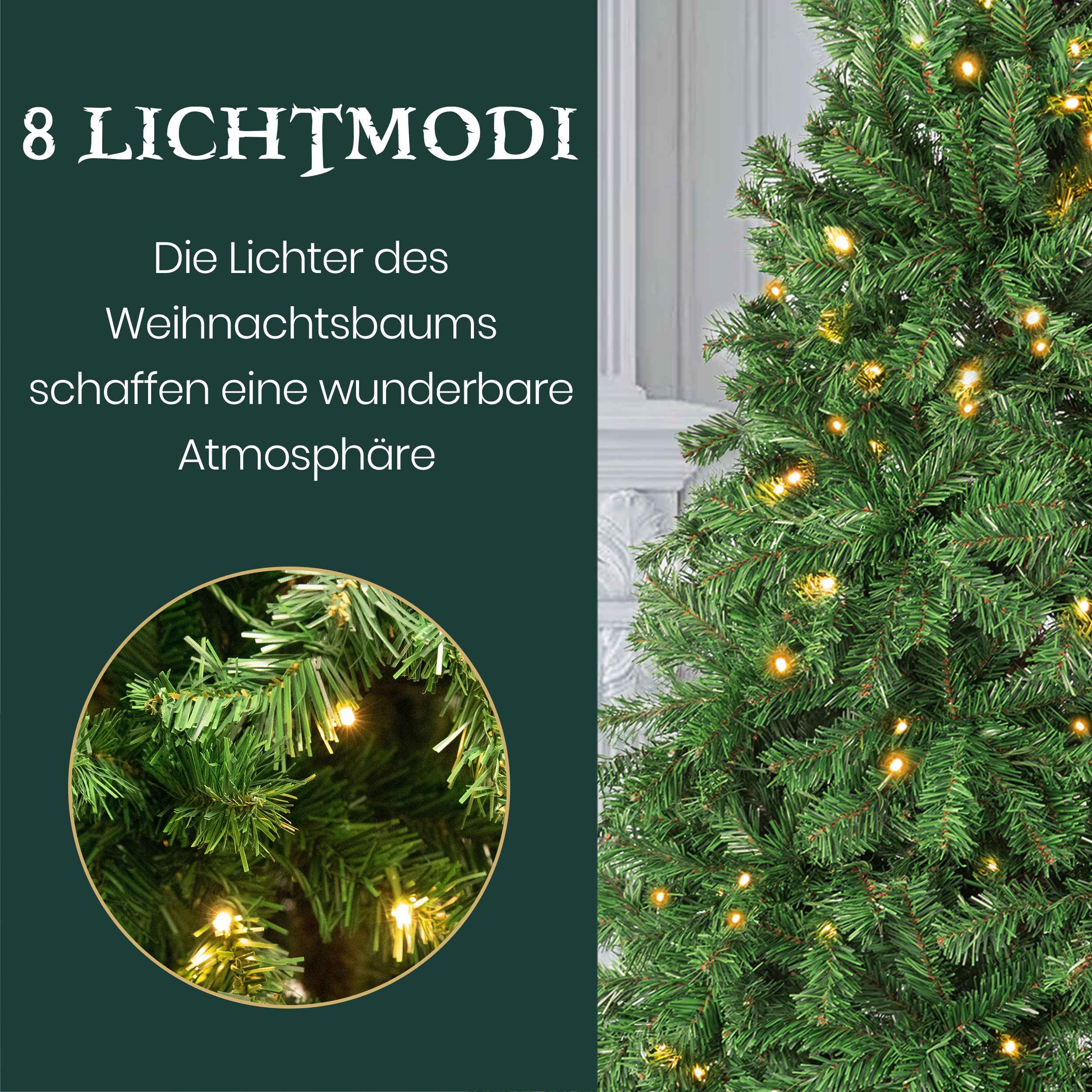 Künstlicher Weihnachtsbaum Tannenbaum mit Beleuchtung, 100% PVC mit 1100 Spitzen, 280 Warm-Weißen LED, 180cm, stabiler Metallständer